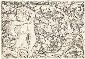 HEINRICH ALDEGREVER Ornament with a Triton Carrying Two Nereids * Horizontal Panel with Triton and Child Surrounded by Foliage.